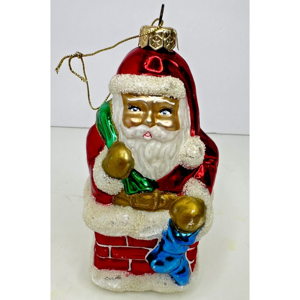 Santa Blown Glass Christmas Ornament Made Poland Glitter Chimney Stocking
